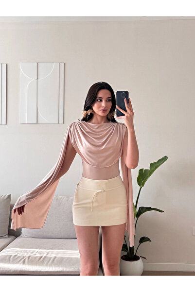 Zoom Butik Drapeli Pelerin Bodysuit - EKRU