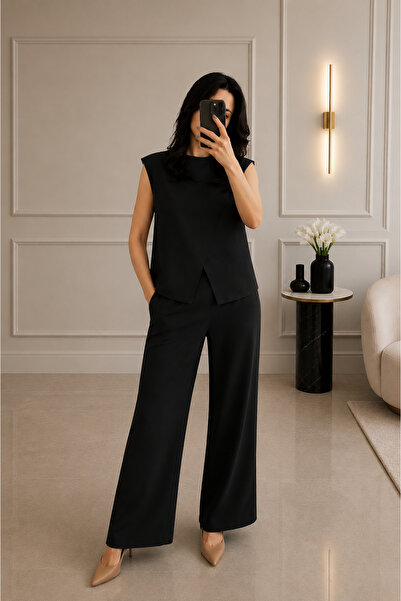 Get Crazy Women's Linen Look Slit Detailed Blouse Palazzo Trousers Two-Piece Set