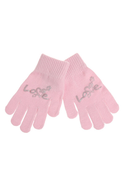 Zumzeria Pink Gloves with Silver Heart 'Love' for Kids 6-10 Years - 1 Pair