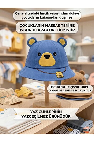 Prahar Baby and Child Blue Teddy Bear Figured Earflap Bucket Sun Hat with Ela...