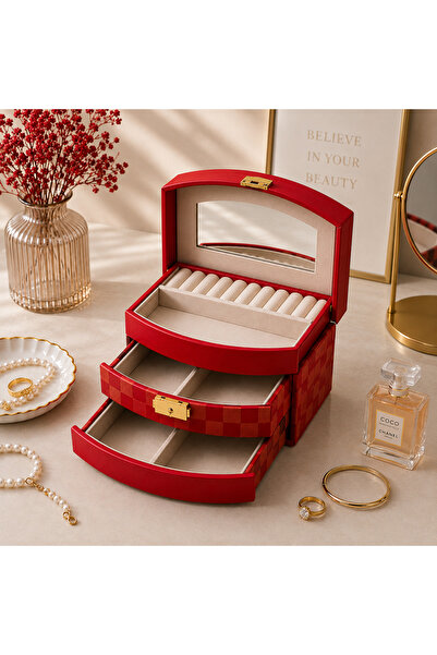 hediyeconcepti Luxury Leather-Look Jewelry and Gemstone Storage Box with Draw...