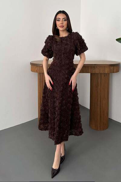 Caddebostan Moda Rose Embossed Midi Length Balloon Sleeve Evening Dress