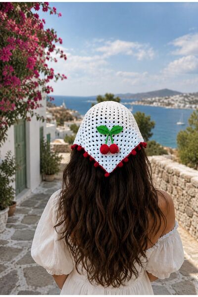 Legandline El Yapımı Kiraz Detaylı Örgü Bandana