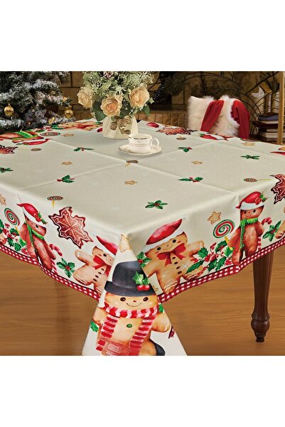 Zumzeria Christmas Tablecloth Ecru with Gingerbread Man Pattern 120x120cm