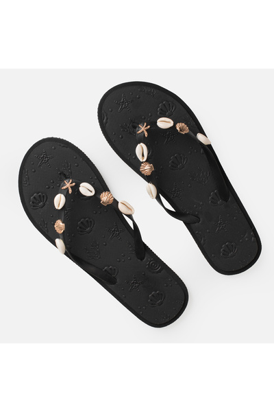 Zumzeria Black Beach Slippers with Shells for Women