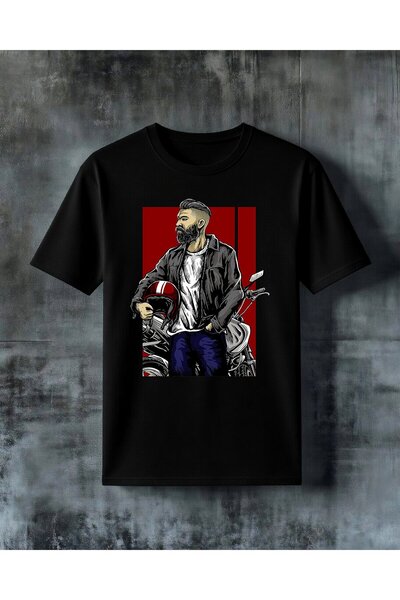 COMVİCHO Motorcycle Bearded Man Printed Oversize T-Shirt