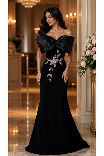 Generic Black Pearl Evening Dress with Boning and Luxurious Crystal Embellish...