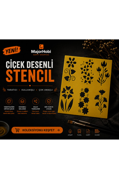 Major Hobi Çiçek Desenli Stencil Şablon Seti Dekoratif Boyama Kalıbı