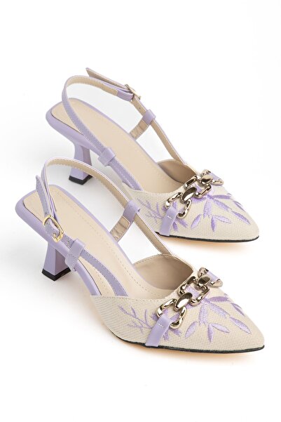 Delroshine Lucy Women's Lilac Embroidered Gold Accessory Heeled Shoes