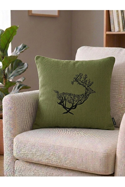 Ju Yaratıcı Tasarım Pillow Cover with Deer Embroidery in Khaki