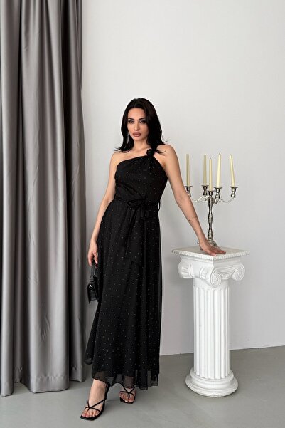 Serica Moda Rochie neagră din șifon cu aplicații de piatră și bretele pe umeri