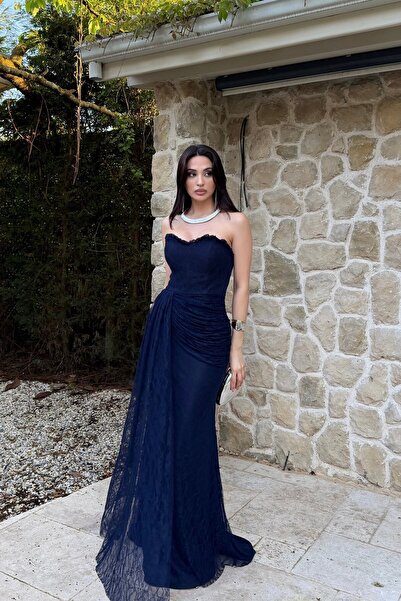 Serica Moda Rochie de seară brodată cu dantelă, fără bretele, albastru marin,...