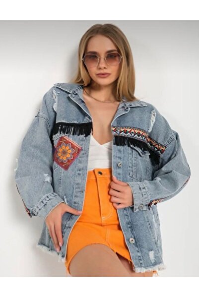 Generic Brand Ethnic Patterned Colorful Oversize Denim Jacket