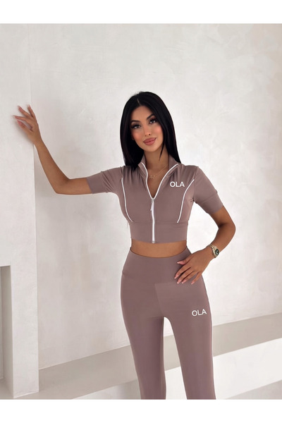 OLA Kadın Fermuarlı Kısa Kollu Crop Top ve Yüksek Bel Tayt Spor Takımı