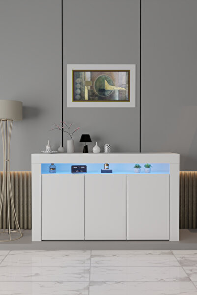 reyonerman Led Aydınlatmalı Modern Konsol Dolap | Beyaz Renk | Kapaklı ve Raf...
