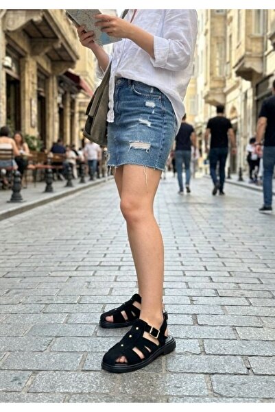 GNY AYAKKABI Black Suede Cross-Strapped Cage Design Daily Comfort Sandals