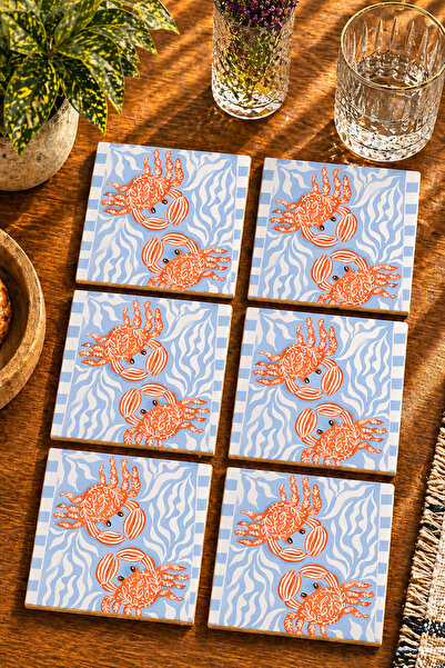 JHAAR Crab Illustration Modern 6-Piece Set Coasters - Uv Printing Mdf - 10X10 cm
