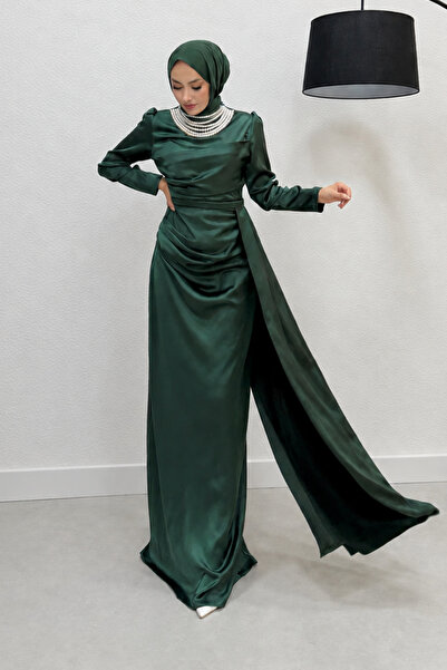 Abiye Diyarı Ravia Pearl Pendant Tail Satin Fabric Hijab Evening Dress
