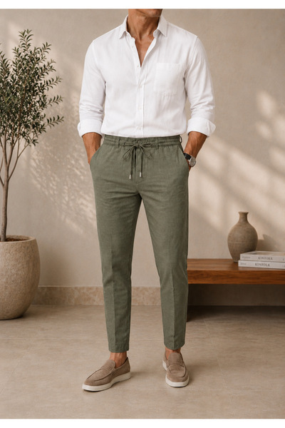 çerme Premium Men's Adjustable Waist Relaxed Fit 100% Linen Cotton Trousers