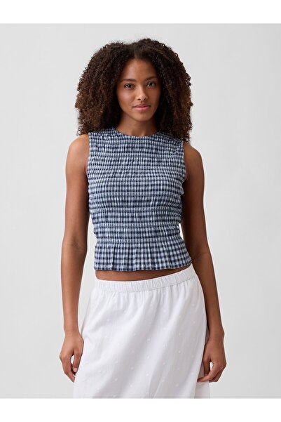 GAP Kadın Mavi Smocked Gingham Crop Peplum Üst