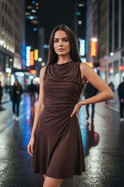 Mossta Sleeveless Semi Turtleneck Sandy Dress - Coffee