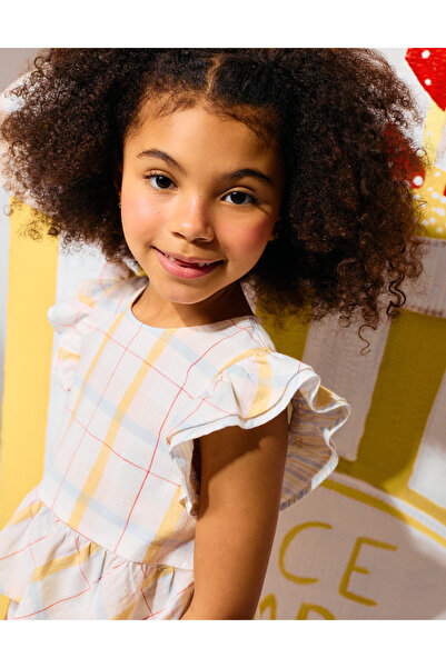Ziddy Checked Cotton Blouse With Ruffles B&S For Girls White Yellow Blue Red