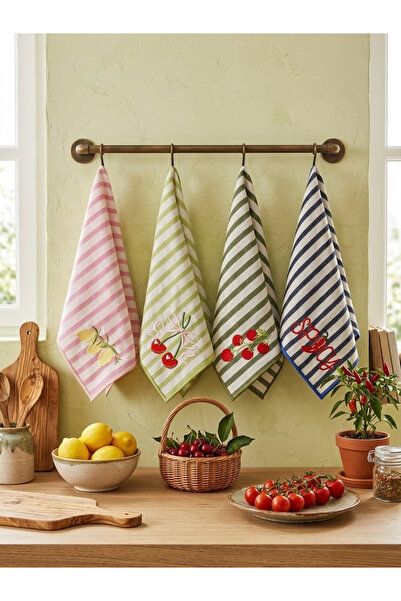 LİONYA DESİGN Set of 4 Embroidered Decorative Hand Towels – 100% Cotton, Stri...