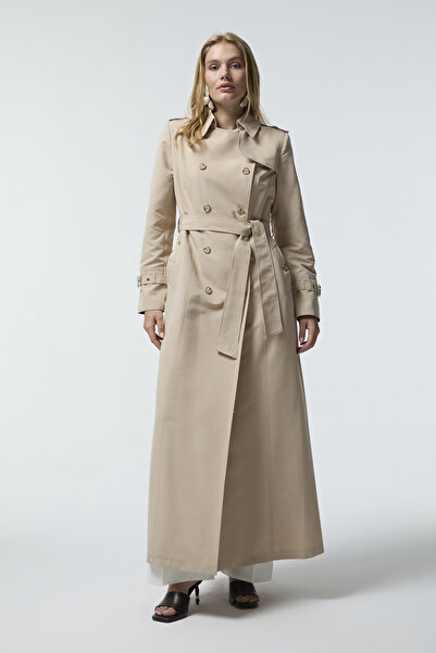 Zühre Double Breasted Collar Belted Waist Long Stone Trench Coat 12528