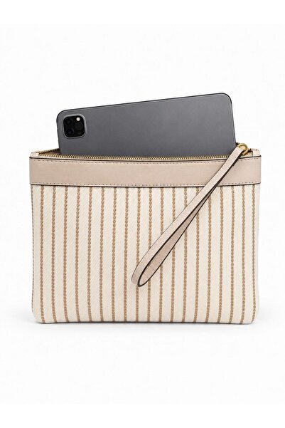 Nexora Collection Ecru Color Women's Canvas Clutch Model with Handle
