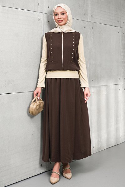 İmajButik Brown Zippered Vest and Bady Skirt Three-Piece Set