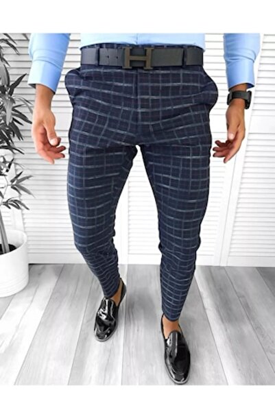 Gosse Elegant Plaid Trousers for Men, Navy Blue