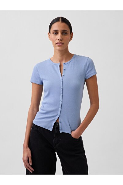Women's Light Blue Modern Ribbed Buttoned Crew Neck T-Shirt