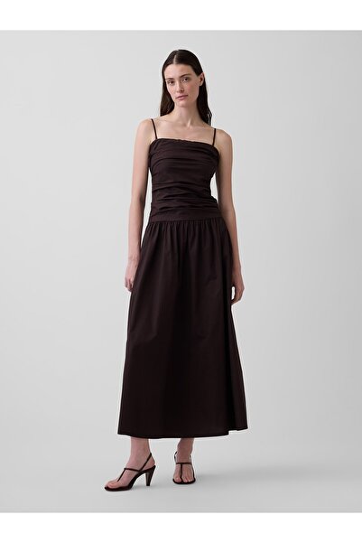 GAP Kadın Kahverengi Poplin Drop-Waist Maxi Elbise