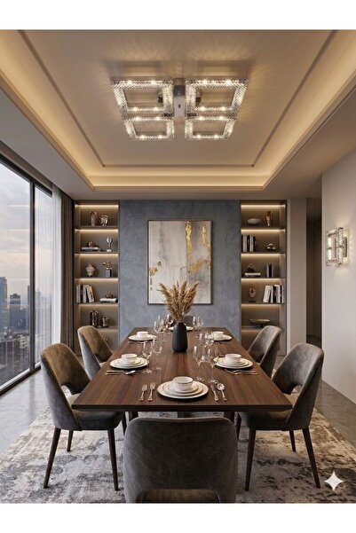 Lüxev Lighting Kare Model Gümüş 4"lü Ledli 3 Renk Modu Kristal Salon Mutfak Y...