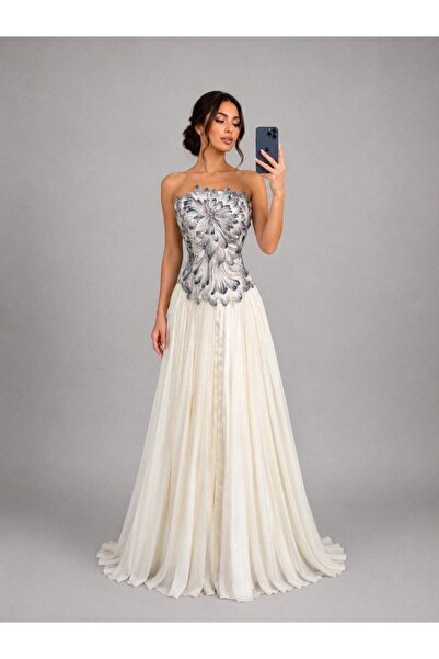 DARBEST Long Evening Dress Off White Color Top Cowl Soft Pleats Back Corset