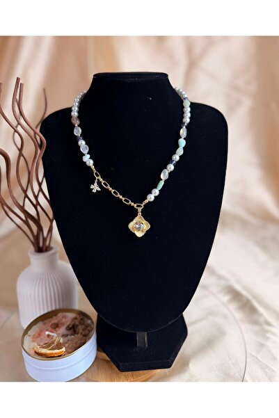 ANKA JEWELLRY Blue Natural Stone Crystal Stone Detail Gold Steel Women's Neck...