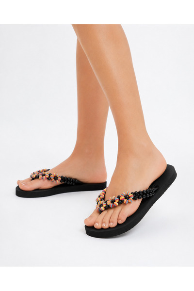 VestioStore Καλοκαιρινές γυναικείες μαύρες σαγιονάρες με λουλούδια και χάντρε...