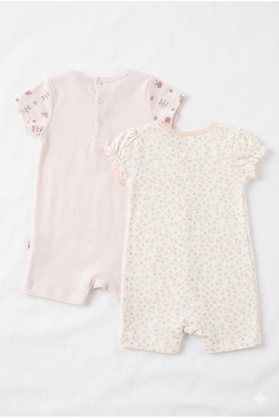 TAYO BABY طقم رومبير قطني بأكمام قصيرة للفتيات الصغيرات مكون من قطعتين - مزين بنقشة الأرانب والزهور مصنوع من القطن العضوي بنسبة 100%