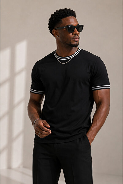 ZELASU Men's Black Ribbed Detailed Slim Fit Crew Neck Basic T-Shirt
