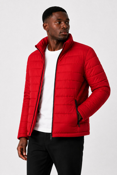 ZELASU Men's Red Water-Repellent Windproof Quilted Fiber-Filled Stand Collar ...