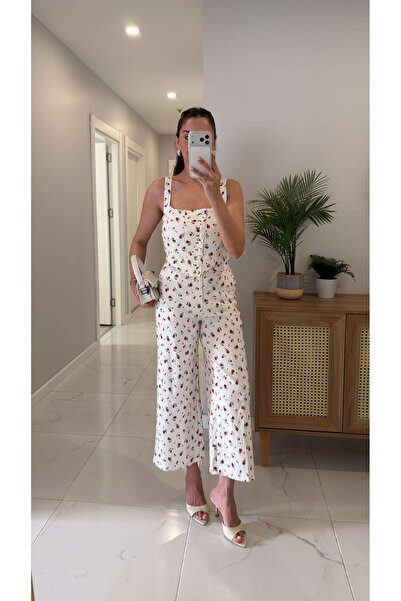 BİRCANÇİL Dops Red Floral Patterned Lace-Up Crop Pants Set