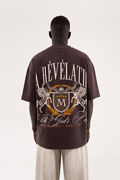 Machinist Tricou oversize imprimat La Revelation pentru bărbați, maro