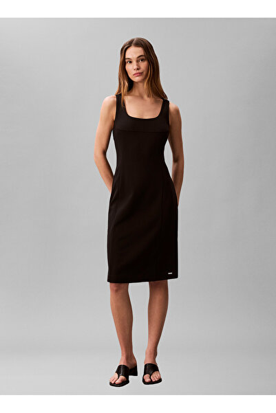 Calvin Klein Siyah Kadın Kare Standart Elbise SCUBA CREPE SL SCOOP NK DRESS