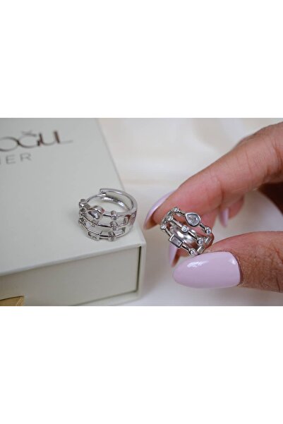 ATELİER TUĞBA Kp603 Silver Hoop Earrings with Drop and Baguette Stones (Inner...