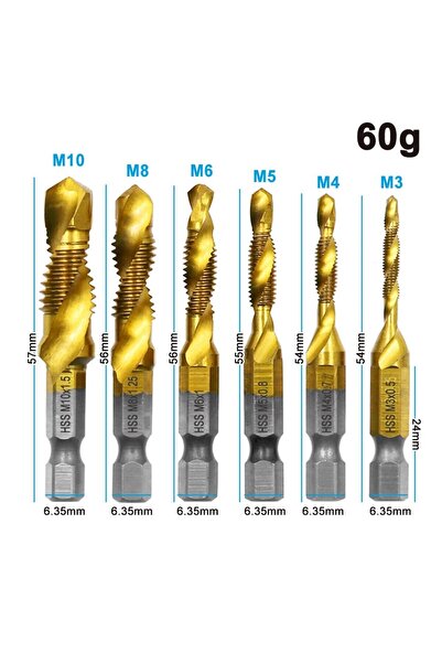 Choice Hexagonal Gold 6Pcs HSS 4341 Titanium Coated Combination Tap Drill Set...