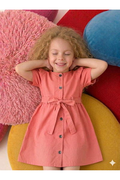 Momivi Kids Kız Çocuk Kısa Kollu Kare Yaka Belden Bağlamalı Önden Düğmeli %10...