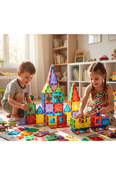 Playaks 78 Parça 7,5 Cm Manyetik Yapı Blokları Magnetic Tiles STEM Eğitici Ze...