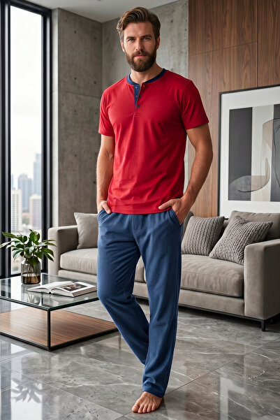 Bravie Men's Buttoned Collar Solid Color Short Sleeve Slim Pajama Set Claret Red