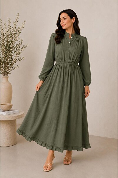 Sfg Life Moda Women's Buttoned Front and Elastic Waist High Collar Skirt Ruff...