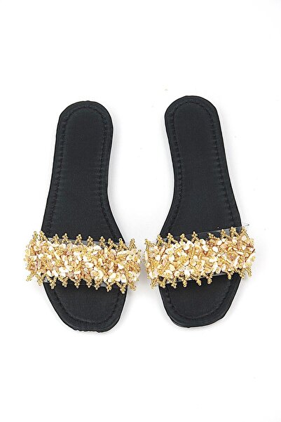 Gökhan Talay Coral Black Shiny Satin Handmade Natural Stone Women's Slippers